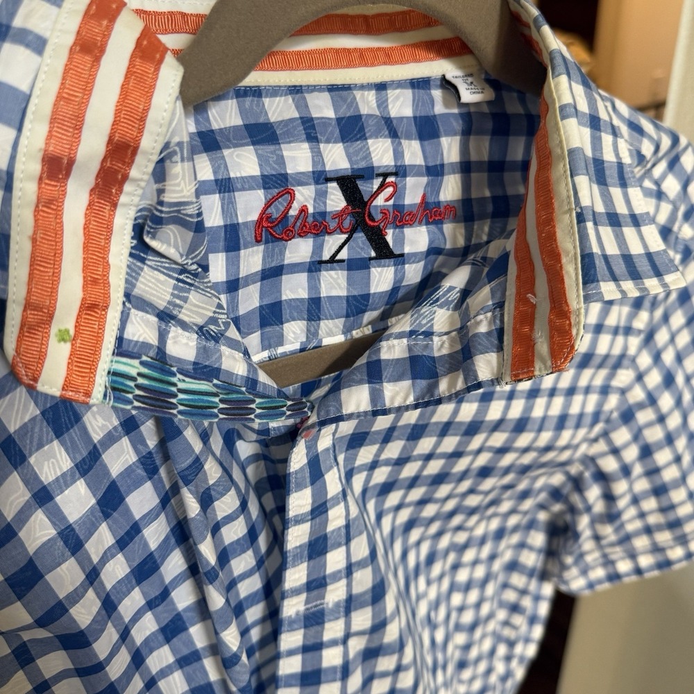 Robert Graham Button Down Polo Quality Blue White Checkered Stich Design Men's M